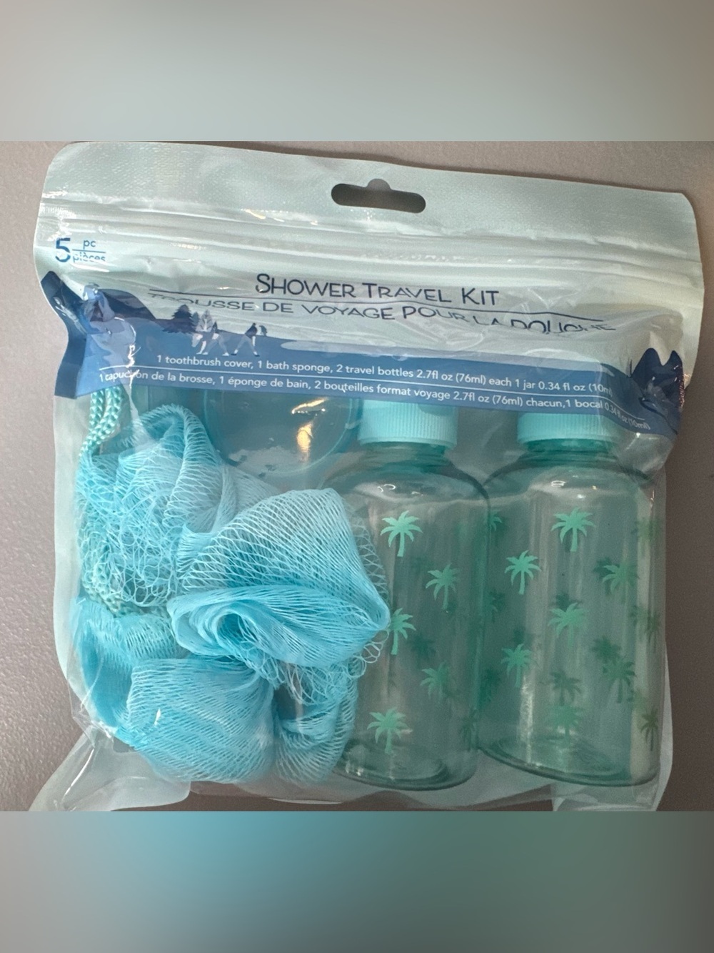 Shower Travel Kit with Palm-Print Bottles Light Teal 5pc set on the go vacation